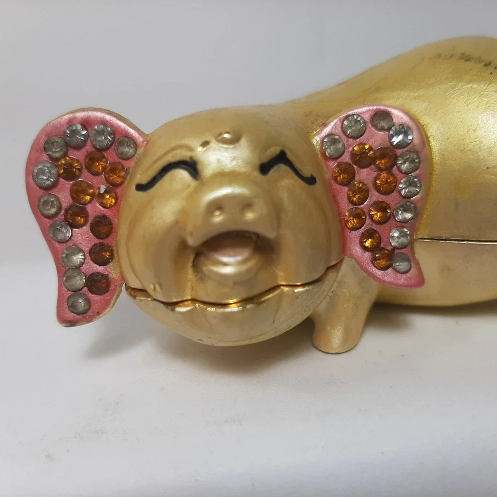 Gold and Pink Happy Smiling Hindu Pig Metal Enamel Hinged Box 3.25